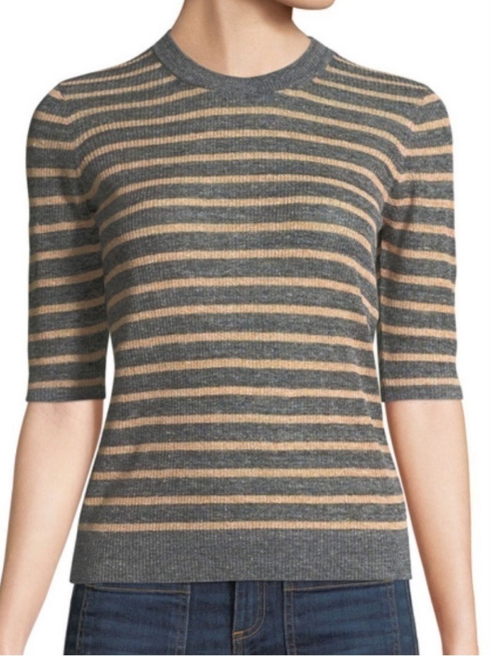 Veronica Beard Jeans Dean Striped Linen Crewneck Sweater Gray Peach Large